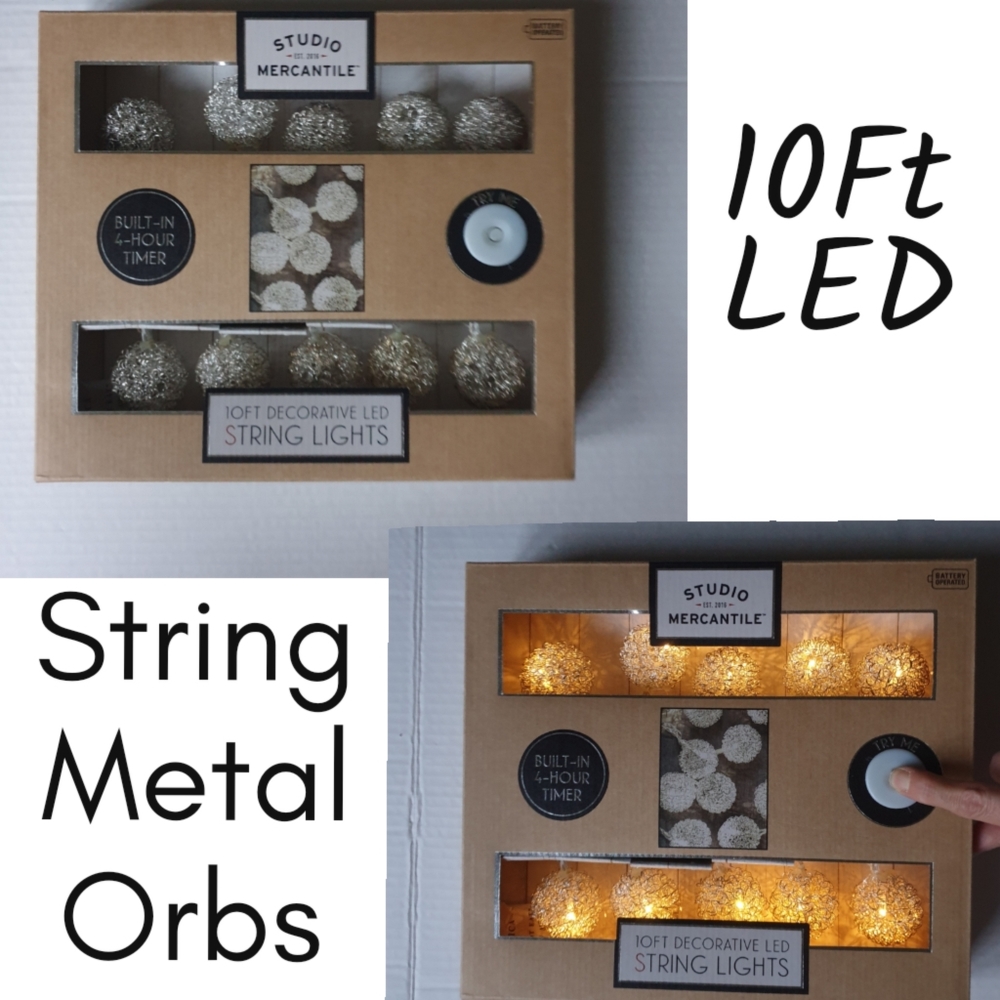 Studio Mercantile Metal Round LED Light Up Silver Orbs 10Ft String w/ 4 Hr Timer